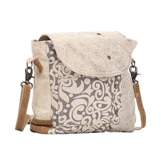 Myra Factual Hairon Leather Messenger Bag â€“ Swirl Canvas, White Hairon Flap, Rustic Straps for Everyday Western Style, Myra USA - A Blissfully Beautiful Boutique