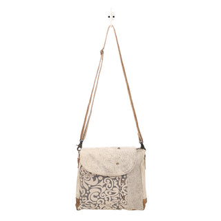 Myra Factual Hairon Leather Messenger Bag â€“ Swirl Canvas, White Hairon Flap, Rustic Straps for Everyday Western Style, Myra USA - A Blissfully Beautiful Boutique