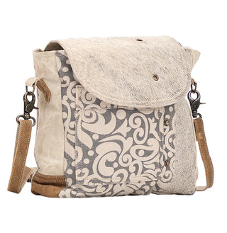 Myra Factual Hairon Leather Messenger Bag â€“ Swirl Canvas, White Hairon Flap, Rustic Straps for Everyday Western Style, Myra USA - A Blissfully Beautiful Boutique