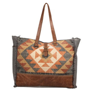 Myra Cosmopolitan Weekender Tote Bag Fringed Edges, Aztec Print Design with Buckle Flap Closure for Travel, Myra USA - A Blissfully Beautiful Boutique