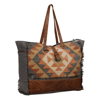 Myra Cosmopolitan Weekender Tote Bag Fringed Edges, Aztec Print Design with Buckle Flap Closure for Travel, Myra USA - A Blissfully Beautiful Boutique