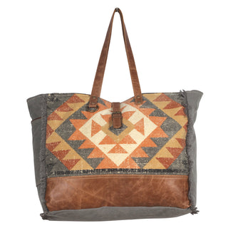 Myra Cosmopolitan Weekender Tote Bag Fringed Edges, Aztec Print Design with Buckle Flap Closure for Travel, Myra USA - A Blissfully Beautiful Boutique