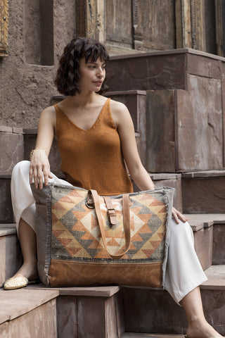 Myra Cosmopolitan Weekender Tote Bag Fringed Edges, Aztec Print Design with Buckle Flap Closure for Travel, Myra USA - A Blissfully Beautiful Boutique