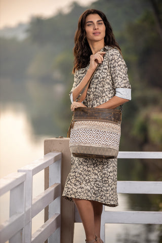 Myra Blending Taste Aztec Print Shoulder Bag for Women Brown Suede Leather, Adjustable Strap, Rustic Daily Carry, Myra USA - A Blissfully Beautiful Boutique
