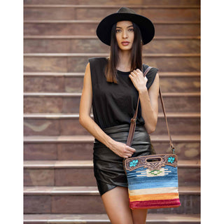 Myra Azure Petals Woven Crossbody Bag with Handtooled Leather â€“ Multicolor Embroidery, Adjustable Strap & Cutout Handle, Myra USA - A Blissfully Beautiful Boutique