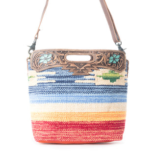 Myra Azure Petals Woven Crossbody Bag with Handtooled Leather â€“ Multicolor Embroidery, Adjustable Strap & Cutout Handle, Myra USA - A Blissfully Beautiful Boutique