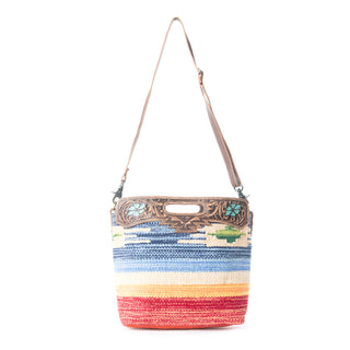 Myra Azure Petals Woven Crossbody Bag with Handtooled Leather â€“ Multicolor Embroidery, Adjustable Strap & Cutout Handle, Myra USA - A Blissfully Beautiful Boutique