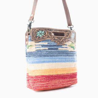 Myra Azure Petals Woven Crossbody Bag with Handtooled Leather â€“ Multicolor Embroidery, Adjustable Strap & Cutout Handle, Myra USA - A Blissfully Beautiful Boutique