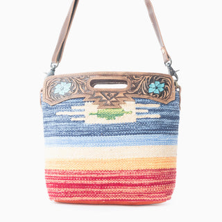 Myra Azure Petals Woven Crossbody Bag with Handtooled Leather â€“ Multicolor Embroidery, Adjustable Strap & Cutout Handle, Myra USA - A Blissfully Beautiful Boutique