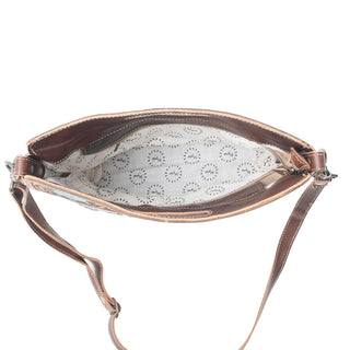 Myra Azure Petals Woven Crossbody Bag with Handtooled Leather â€“ Multicolor Embroidery, Adjustable Strap & Cutout Handle, Myra USA - A Blissfully Beautiful Boutique