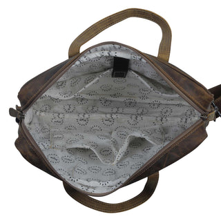 Myra Serenity Hair-On Leather Laptop Bag - Western Office Tote with Detachable Strap and Spacious Interior for Easy Carry, Myra USA - A Blissfully Beautiful Boutique