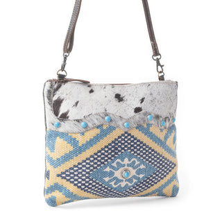 Myra Tufts Pattern Woven Hairon Crossbody â€“ Tribal Geometric Print with Leather Strap and Studded Accents, Myra USA - A Blissfully Beautiful Boutique