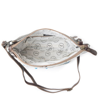 Myra Tufts Pattern Woven Hairon Crossbody â€“ Tribal Geometric Print with Leather Strap and Studded Accents, Myra USA - A Blissfully Beautiful Boutique
