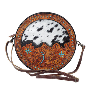 Myra Simply Sober Round Hairon Leather Crossbody â€“ Handtooled Floral & Cowhide Circle Bag for Carnival Adventures, Myra USA - A Blissfully Beautiful Boutique