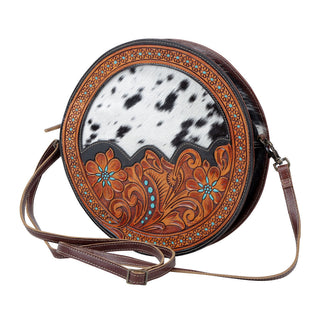 Myra Simply Sober Round Hairon Leather Crossbody â€“ Handtooled Floral & Cowhide Circle Bag for Carnival Adventures, Myra USA - A Blissfully Beautiful Boutique