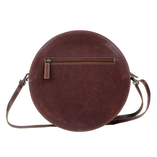 Myra Simply Sober Round Hairon Leather Crossbody â€“ Handtooled Floral & Cowhide Circle Bag for Carnival Adventures, Myra USA - A Blissfully Beautiful Boutique