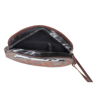 Myra Simply Sober Round Hairon Leather Crossbody â€“ Handtooled Floral & Cowhide Circle Bag for Carnival Adventures, Myra USA - A Blissfully Beautiful Boutique