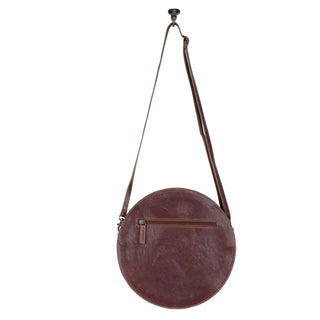 Myra Simply Sober Round Hairon Leather Crossbody â€“ Handtooled Floral & Cowhide Circle Bag for Carnival Adventures, Myra USA - A Blissfully Beautiful Boutique
