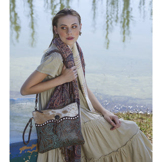 Myra Blue Isle Embossed Leather Crossbody Bag for Women Small Size Western Sling with Hairon Accents, Myra USA - A Blissfully Beautiful Boutique
