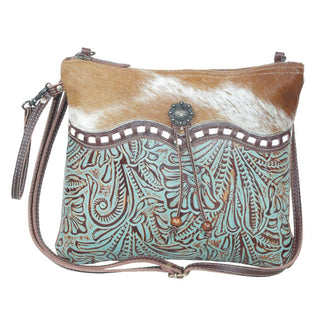 Myra Blue Isle Embossed Leather Crossbody Bag for Women Small Size Western Sling with Hairon Accents, Myra USA - A Blissfully Beautiful Boutique