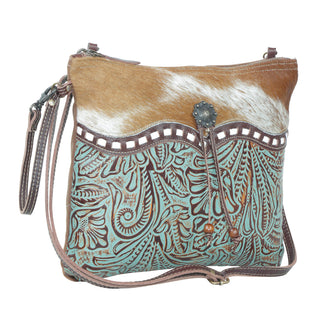 Myra Blue Isle Embossed Leather Crossbody Bag for Women Small Size Western Sling with Hairon Accents, Myra USA - A Blissfully Beautiful Boutique