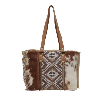 Myra Elisa Le Hairon Leather Tote Bag Fringe Accents, Handwoven Tribal Design for Everyday Use, Myra USA - A Blissfully Beautiful Boutique