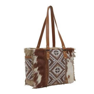 Myra Elisa Le Hairon Leather Tote Bag Fringe Accents, Handwoven Tribal Design for Everyday Use, Myra USA - A Blissfully Beautiful Boutique