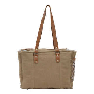 Myra Elisa Le Hairon Leather Tote Bag Fringe Accents, Handwoven Tribal Design for Everyday Use, Myra USA - A Blissfully Beautiful Boutique