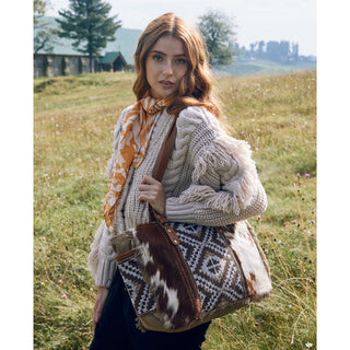 Myra Elisa Le Hairon Leather Tote Bag Fringe Accents, Handwoven Tribal Design for Everyday Use, Myra USA - A Blissfully Beautiful Boutique