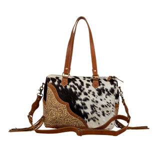 Myra Laredo Concealed Carry Bag - Hand-Stitched Hair-On Leather Satchel with Embossed Detailing and Western Fringe Design, Myra USA - A Blissfully Beautiful Boutique