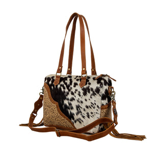 Myra Laredo Concealed Carry Bag - Hand-Stitched Hair-On Leather Satchel with Embossed Detailing and Western Fringe Design, Myra USA - A Blissfully Beautiful Boutique