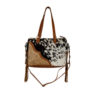 Myra Laredo Concealed Carry Bag - Hand-Stitched Hair-On Leather Satchel with Embossed Detailing and Western Fringe Design, Myra USA - A Blissfully Beautiful Boutique