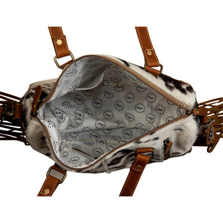 Myra Laredo Concealed Carry Bag - Hand-Stitched Hair-On Leather Satchel with Embossed Detailing and Western Fringe Design, Myra USA - A Blissfully Beautiful Boutique