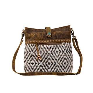 Myra Sand Weaver Shoulder Bag for Women â€“ Rustic Brown Leather, Jacquard Geometric Print, Turquoise Stone Snap for Ranch Chic, Myra USA - A Blissfully Beautiful Boutique