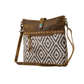 Myra Sand Weaver Shoulder Bag for Women â€“ Rustic Brown Leather, Jacquard Geometric Print, Turquoise Stone Snap for Ranch Chic, Myra USA - A Blissfully Beautiful Boutique
