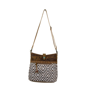 Myra Sand Weaver Shoulder Bag for Women â€“ Rustic Brown Leather, Jacquard Geometric Print, Turquoise Stone Snap for Ranch Chic, Myra USA - A Blissfully Beautiful Boutique