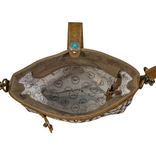 Myra Sand Weaver Shoulder Bag for Women â€“ Rustic Brown Leather, Jacquard Geometric Print, Turquoise Stone Snap for Ranch Chic, Myra USA - A Blissfully Beautiful Boutique