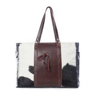 Myra Rosalinda Cross Stitched Hairon Leather Weekender Bag - Spacious Travel Tote with Stitch Trim and Durable Shoulder Straps, Myra USA - A Blissfully Beautiful Boutique