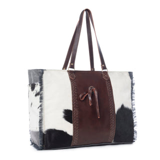 Myra Rosalinda Cross Stitched Hairon Leather Weekender Bag - Spacious Travel Tote with Stitch Trim and Durable Shoulder Straps, Myra USA - A Blissfully Beautiful Boutique