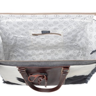 Myra Rosalinda Cross Stitched Hairon Leather Weekender Bag - Spacious Travel Tote with Stitch Trim and Durable Shoulder Straps, Myra USA - A Blissfully Beautiful Boutique