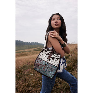 Myra Mountain Trail Convertible Crossbody Bag – Turquoise Embossed Leather & Hairon Panel with Ring Accent, Myra USA - A Blissfully Beautiful Boutique