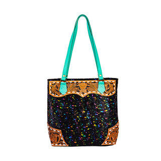 Myra Galaxy Fire Handtooled Shoulder Bag Black Sparkle Body with Aqua Leather Straps, Myra USA - A Blissfully Beautiful Boutique