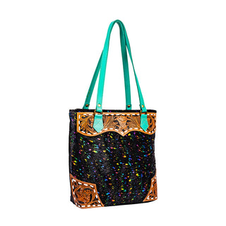 Myra Galaxy Fire Handtooled Shoulder Bag Black Sparkle Body with Aqua Leather Straps, Myra USA - A Blissfully Beautiful Boutique
