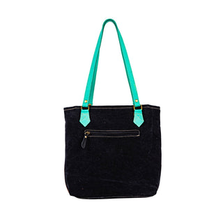 Myra Galaxy Fire Handtooled Shoulder Bag Black Sparkle Body with Aqua Leather Straps, Myra USA - A Blissfully Beautiful Boutique