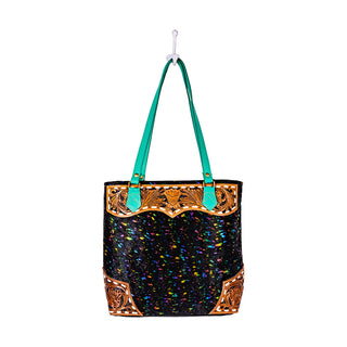 Myra Galaxy Fire Handtooled Shoulder Bag Black Sparkle Body with Aqua Leather Straps, Myra USA - A Blissfully Beautiful Boutique
