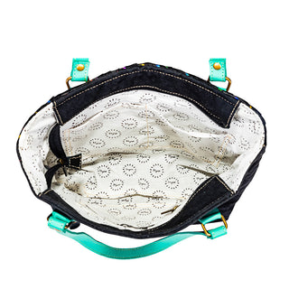 Myra Galaxy Fire Handtooled Shoulder Bag Black Sparkle Body with Aqua Leather Straps, Myra USA - A Blissfully Beautiful Boutique