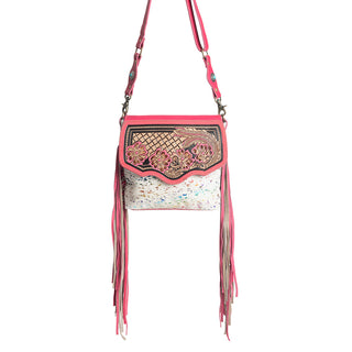 Myra Rosa Verde Hand Tooled Leather Sling Bag for Women â€“ Pink Floral Western Flap, Fringe Sides, Speckled Print Body, Myra USA - A Blissfully Beautiful Boutique