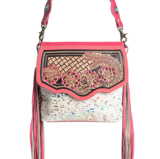 Myra Rosa Verde Hand Tooled Leather Sling Bag for Women â€“ Pink Floral Western Flap, Fringe Sides, Speckled Print Body, Myra USA - A Blissfully Beautiful Boutique