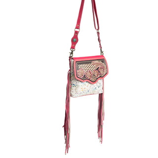 Myra Rosa Verde Hand Tooled Leather Sling Bag for Women â€“ Pink Floral Western Flap, Fringe Sides, Speckled Print Body, Myra USA - A Blissfully Beautiful Boutique