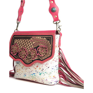 Myra Rosa Verde Hand Tooled Leather Sling Bag for Women â€“ Pink Floral Western Flap, Fringe Sides, Speckled Print Body, Myra USA - A Blissfully Beautiful Boutique